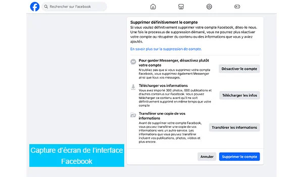 Lien pour supprimer compte Facebook sur ordinateur 